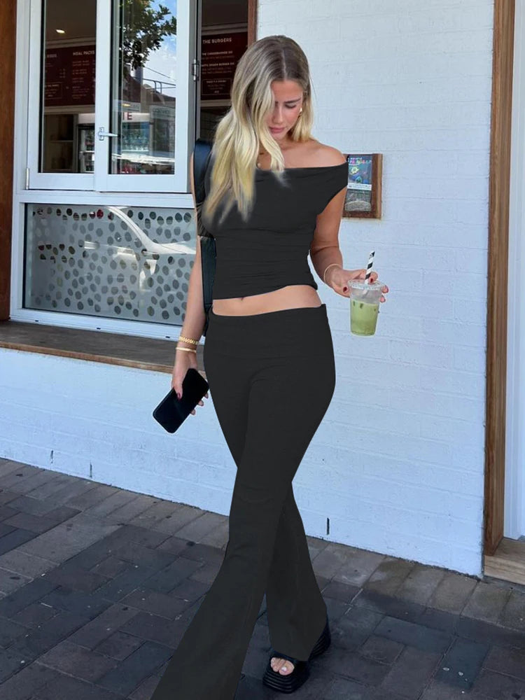 Fashion 2 Pcs Sets Solid Skew Collar Irregular Sexy Crop Tank Top Flare Pants Women Casual Outfits Festival Party