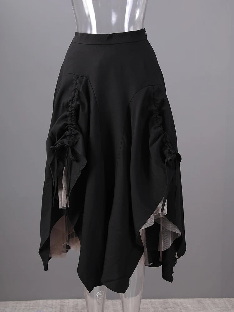 High Elastic Waist Black Drawstring Mesh Irregular A-line Half-body Skirt Women Fashion Tide New Spring Autumn 2025 2Q1136