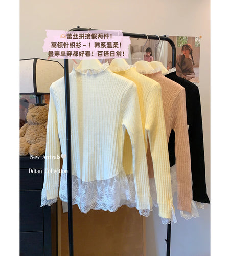 Retro Korean Version Women Sweet Solid Patchwork Lace Elegant Knitted Half High Neck Sweater Autumn Winter Slim Pullovers Tops