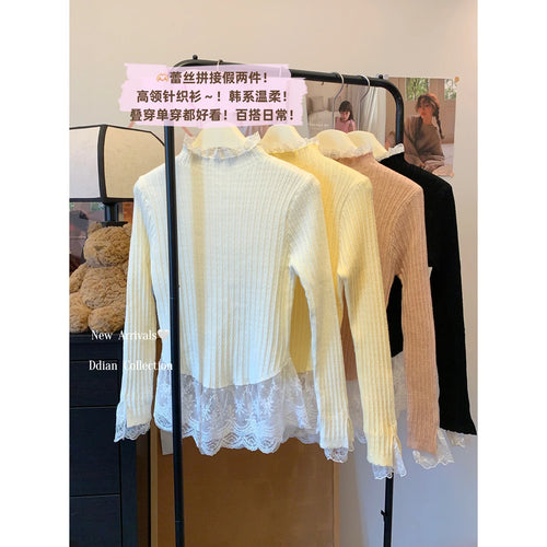 Load image into Gallery viewer, Retro Korean Version Women Sweet Solid Patchwork Lace Elegant Knitted Half High Neck Sweater Autumn Winter Slim Pullovers Tops
