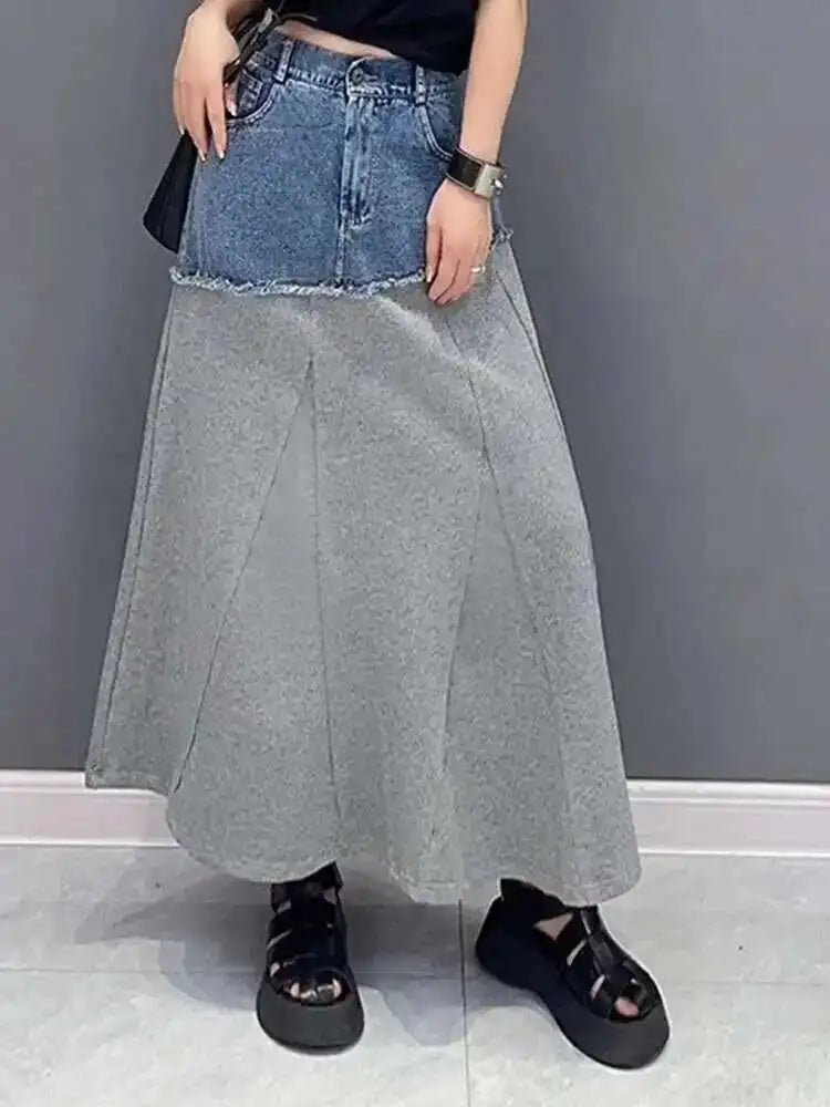High Waist Black Gray Denim Color-block Midi A-line Half-body Skirt Women Fashion Tide New Spring Autumn 2025 1DH5217