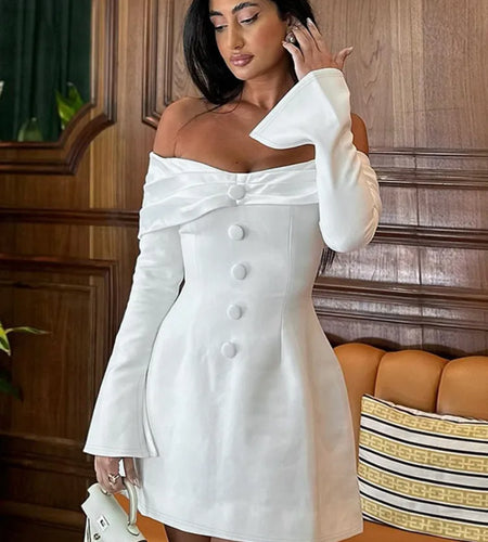 Fashion Long Sleeve Button Bodycon Women Dress 2024 Autumn New Skirt Sexy Slim One Shoulder Party Club Evening Dress