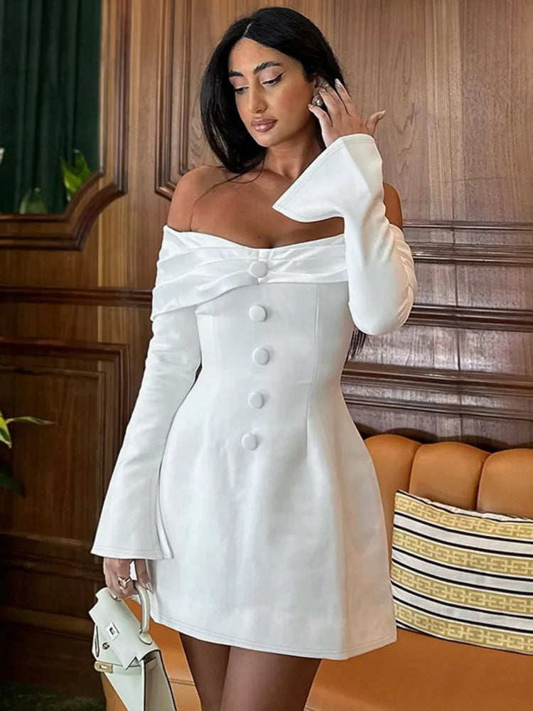 Fashion Long Sleeve Button Bodycon Women Dress 2024 Autumn New Skirt Sexy Slim One Shoulder Party Club Evening Dress