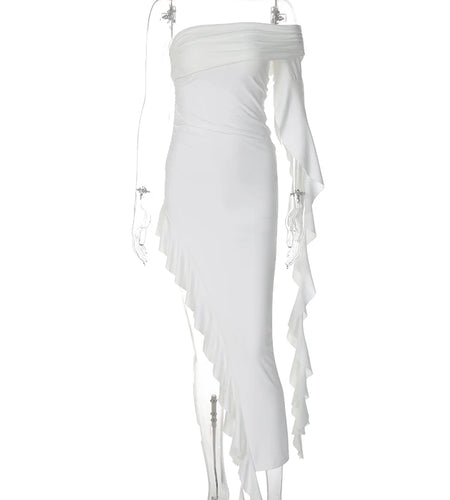 Strapless One Shoulder Solid Ruffles Irregular Sexy Bodycon Maxi Dress 2024 Summer Women Elegant Party Festival Outfit