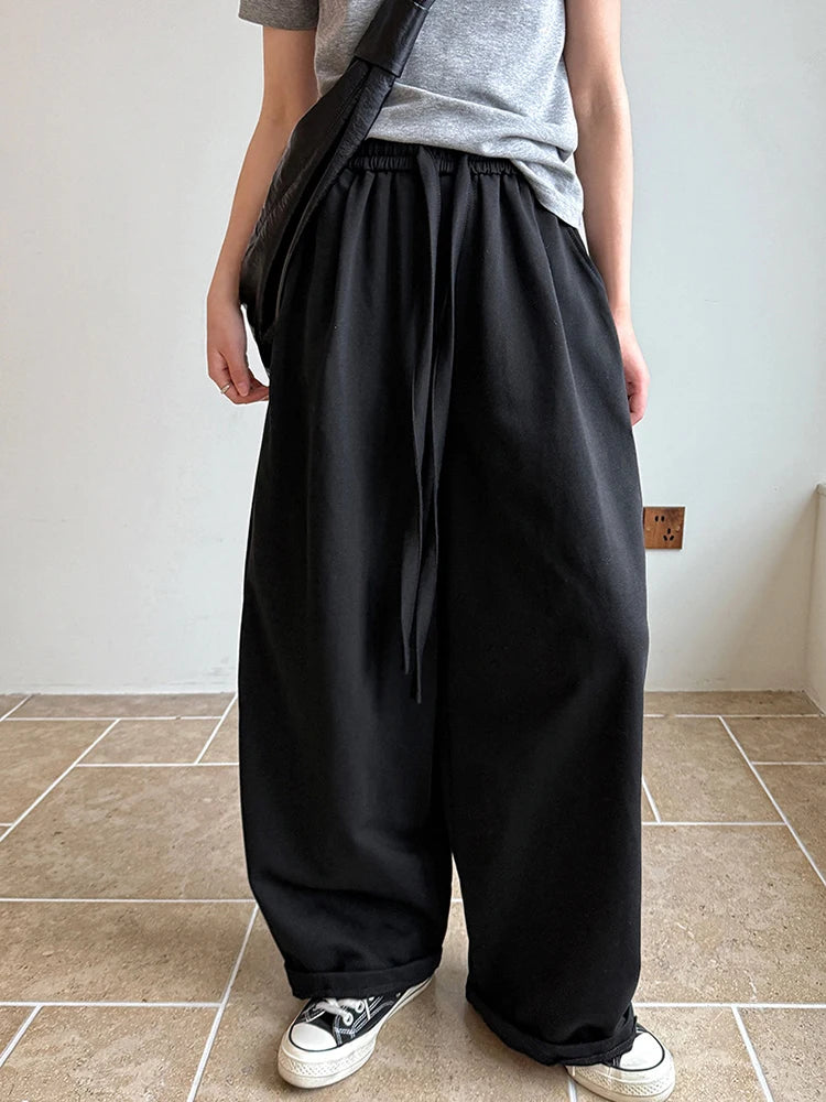 High Elastic Waist Black Drawstring Long Casual Wide Leg Pants New Trousers Women Fashion Tide Spring Autumn 2025 1DJ0194