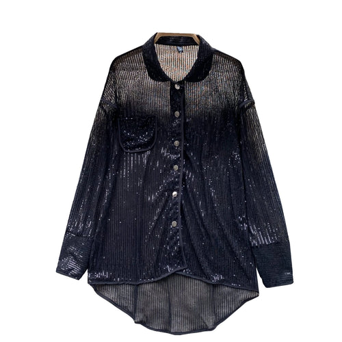 Load image into Gallery viewer, Autumn Solid Lantern Long Sleeve Sequin Shirt Women Fashion Clothing Vintage Loose Versatile Single Breasted Medium Length Tops
