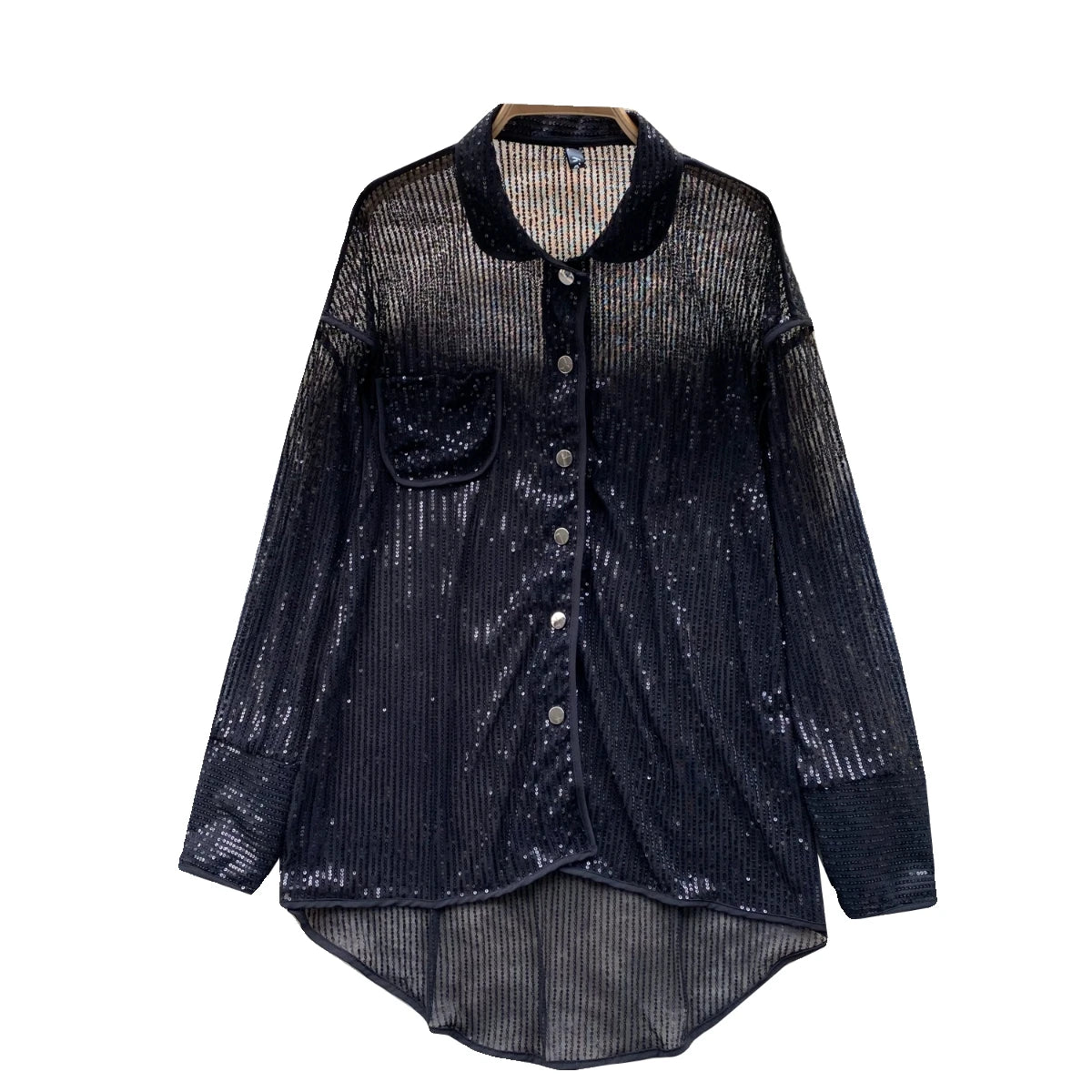 Autumn Solid Lantern Long Sleeve Sequin Shirt Women Fashion Clothing Vintage Loose Versatile Single Breasted Medium Length Tops