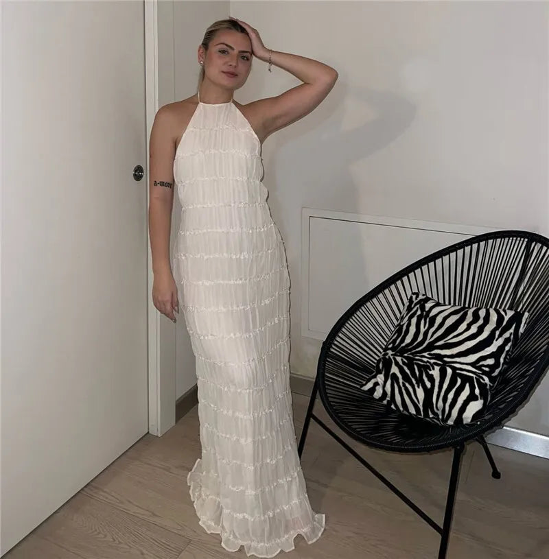 Halter Backless Sexy Maxi Dress For Women Spring Summer New Lace-up Sleeveless Pleated Beach Holiday Long Dress Elegant