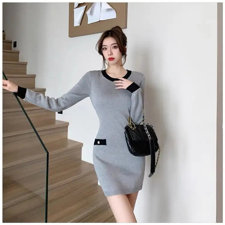 Retro Fashion Sexy Black Patchwork Wrap Hip Bodycon Short Dress Autumn Winter Gray Office Lady O-neck Knitted Party Mini Dresses