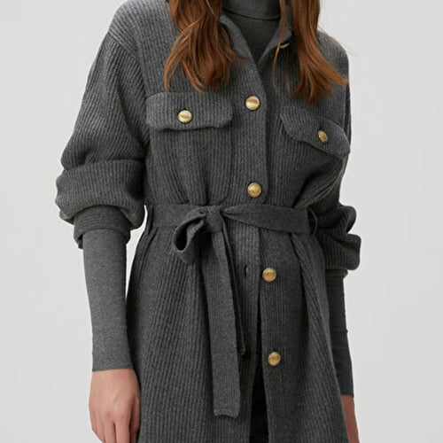 Load image into Gallery viewer, Loose Spliced Buttons Knit Jackets for Women Lapel Long Sleeves Patchwork Lace Up Casual Jacket Female Clothing New
