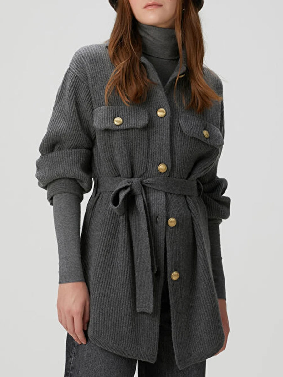 Loose Spliced Buttons Knit Jackets for Women Lapel Long Sleeves Patchwork Lace Up Casual Jacket Female Clothing New