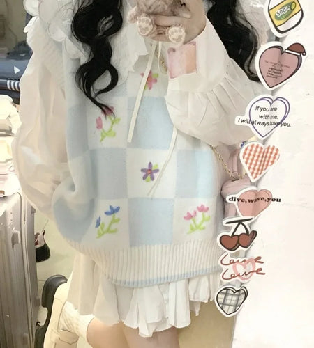 Knitted Sweater Vest for Women 2025 Y2k Aesthetic Embroidery Flower Tanks Fashion Casual Sleeveless Waistcoat Preppy Cute Tops