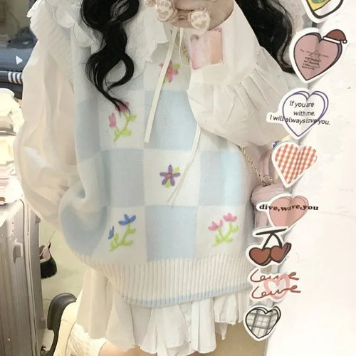 Load image into Gallery viewer, Knitted Sweater Vest for Women 2025 Y2k Aesthetic Embroidery Flower Tanks Fashion Casual Sleeveless Waistcoat Preppy Cute Tops
