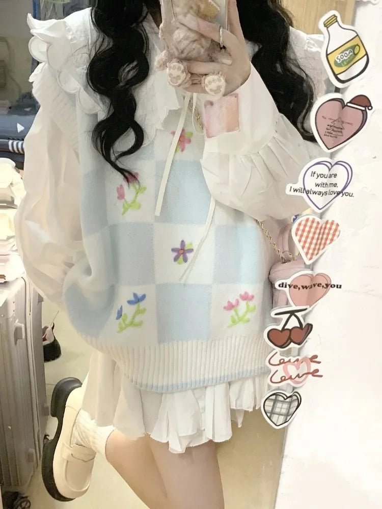 Knitted Sweater Vest for Women 2025 Y2k Aesthetic Embroidery Flower Tanks Fashion Casual Sleeveless Waistcoat Preppy Cute Tops