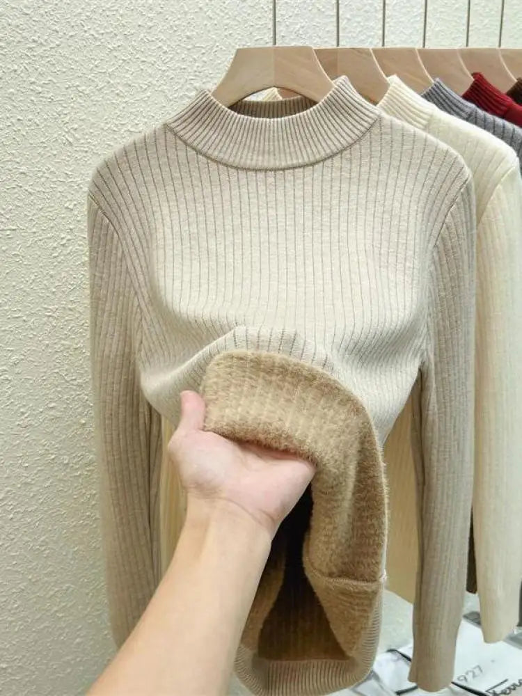 Autumn Winter Korean Fashion Solid Half High Neck Velvet Knitted Sweater Women Warm Long Sleeve Pullovers Top Versatile Clothing