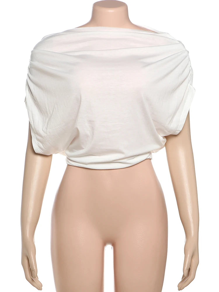 One Shoulder Leisure t-Shirt Women Folds Solid Skinny Loose Summer New Trend Simple Classic Versatile Street Daily Tops