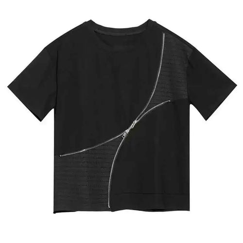 Load image into Gallery viewer, Women Black Irregular Zipper Big Size Casual T-shirt New Round Neck Short Sleeve Fashion Tide Spring Summer 2025 1DF6526
