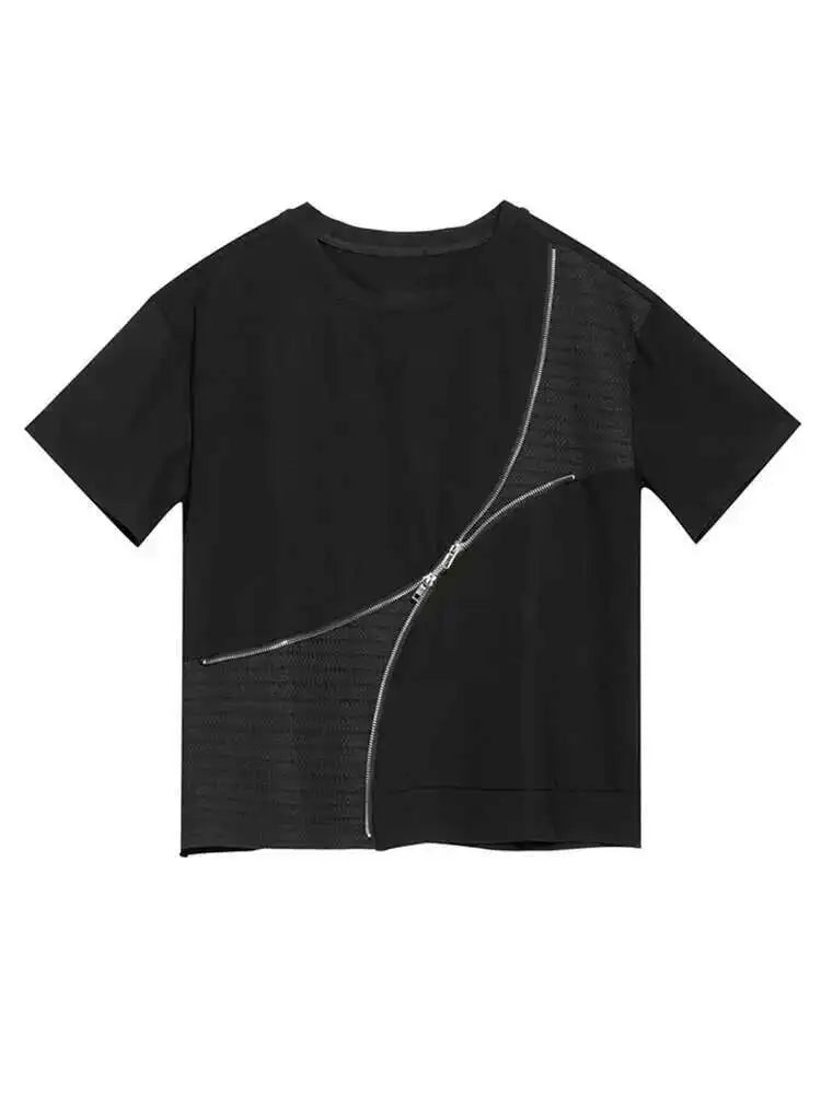 Women Black Irregular Zipper Big Size Casual T-shirt New Round Neck Short Sleeve Fashion Tide Spring Summer 2025 1DF6526