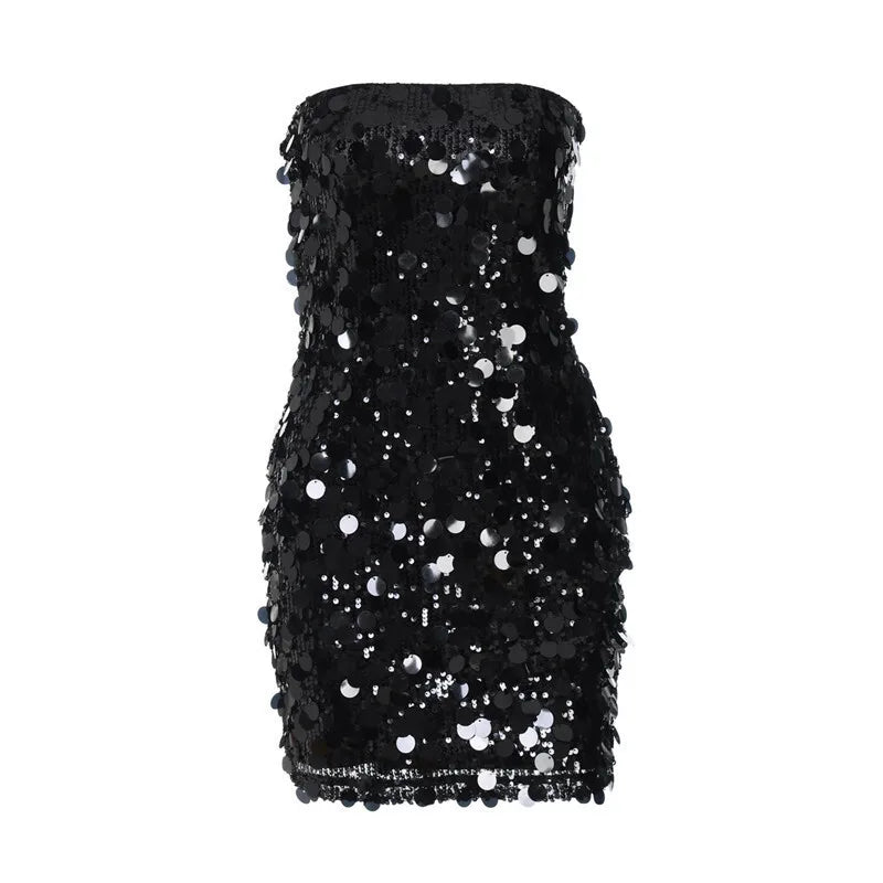 Sequins Strapless Backless Sexy Mini Dress For Women Robe Fashion Off-shoulder Sleeveless Sparkle Shiny Club Dress