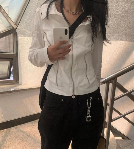 Casual White Basic Zipper Spring Autumn Women Jacket Coat Streetwear Korean Style Turn-Down Collar Jackets Outerwear