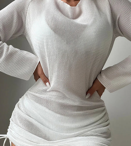 S - XL Long Sleeve Backless Crochet Knitted Tunic Beach Cover Up Cover-ups Beach Dress Beach Wear Beachwear Female Women V5038