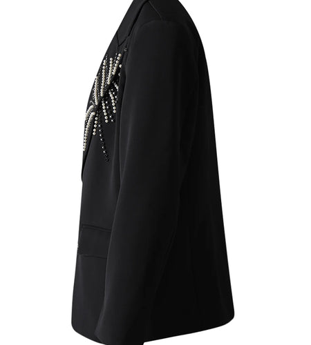 Women Black Pearl Nailed Big Size Casual Blazer New Lapel Long Sleeve Jacket Fashion Tide Spring Autumn 2025 CPG3095