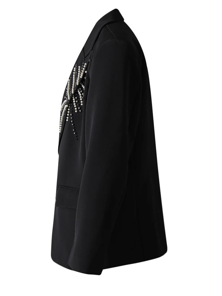 Women Black Pearl Nailed Big Size Casual Blazer New Lapel Long Sleeve Jacket Fashion Tide Spring Autumn 2025 CPG3095