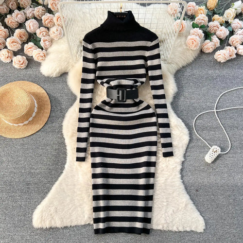 Load image into Gallery viewer, Autumn Winter Patchwork Stripe Knit Long Dress Female Fashion Medium Length High Neck Warm Loose Slim Sweater Dress Women French
