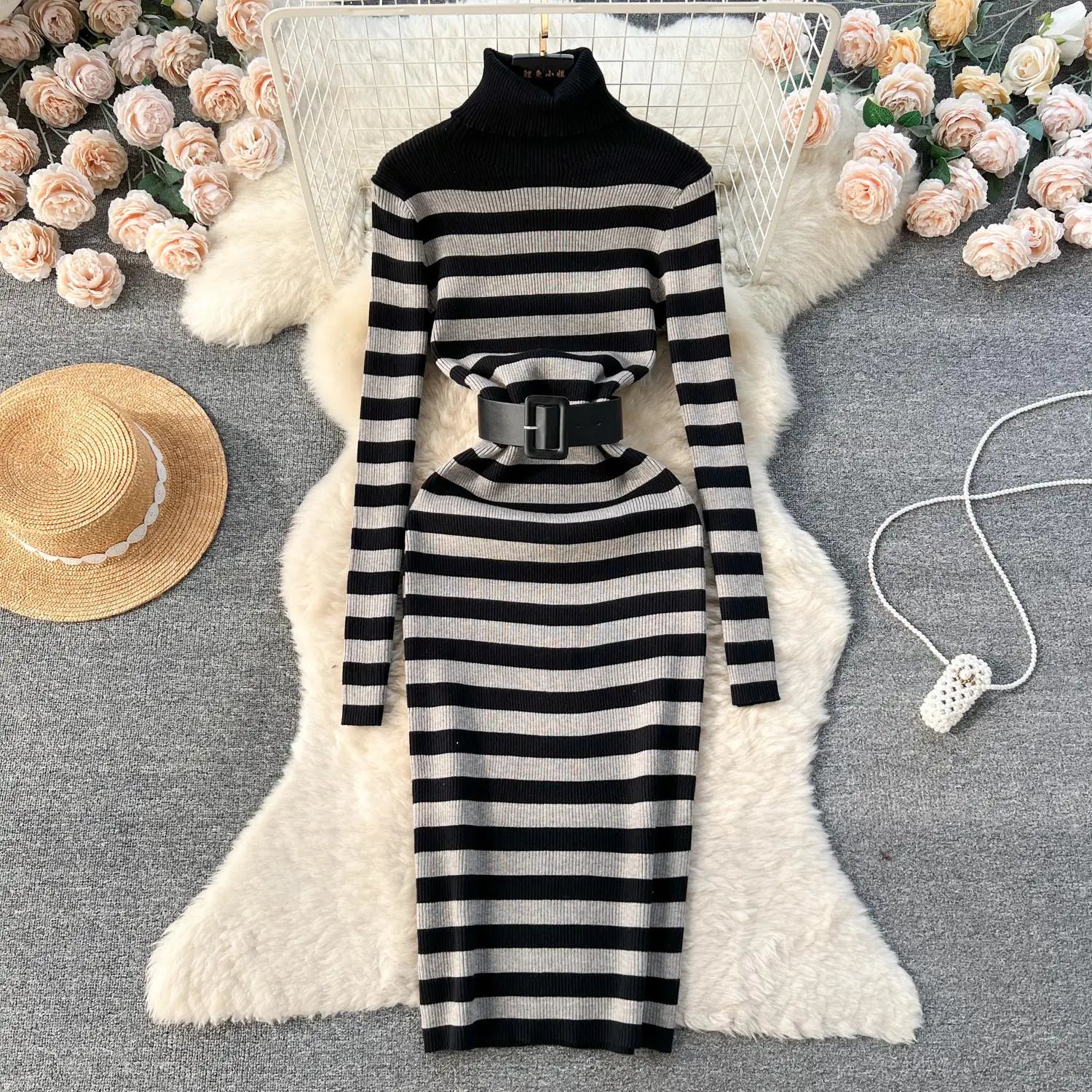 Autumn Winter Patchwork Stripe Knit Long Dress Female Fashion Medium Length High Neck Warm Loose Slim Sweater Dress Women French