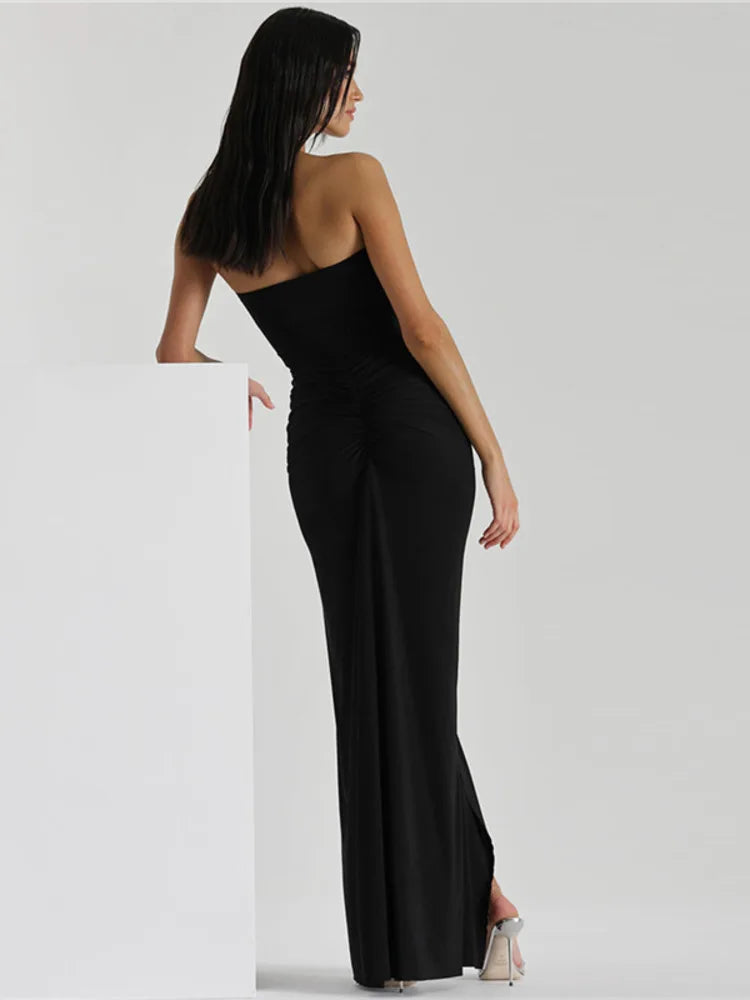 Elegant Sleeveless Ruffle Edge Irregular Women Dress Summer New Fashion Pleated Split Slim Party Evening Dress 2024