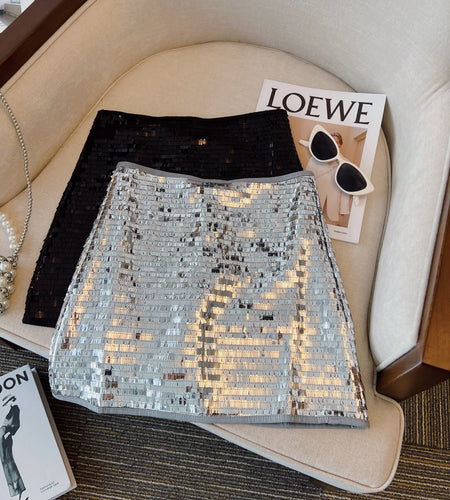 Autumn Winter Silver Elegant Shimmering Sequins Mini Skirt Women Black Sexy Club Party Wrap Hip Short Skirt Retro Popular Simple