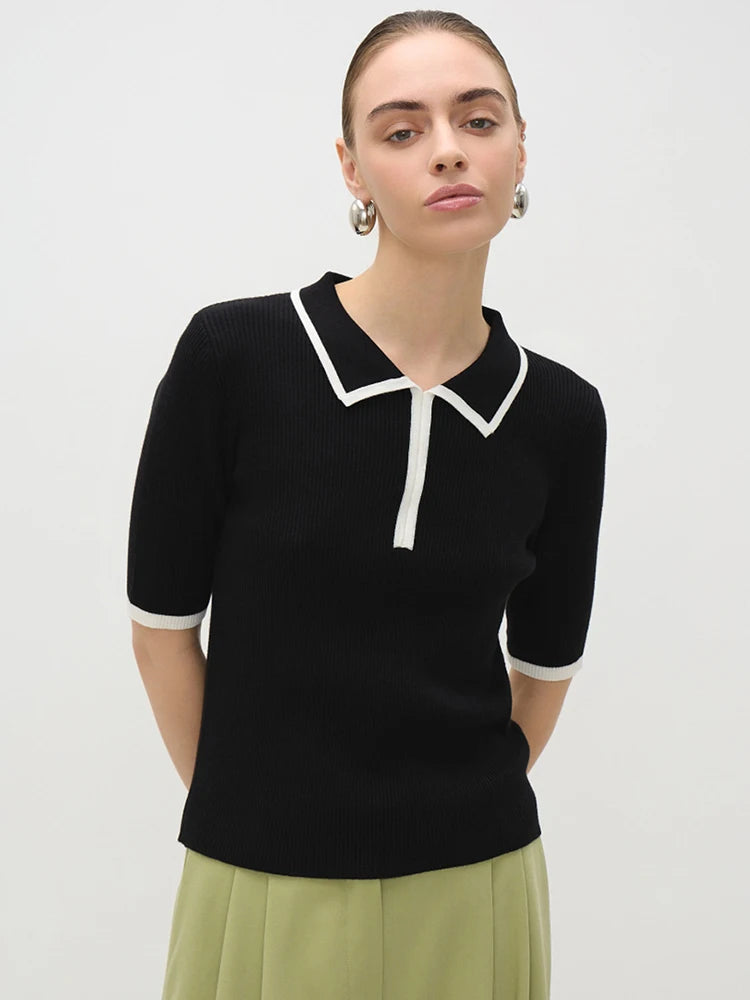 Short Sleeve Knit T-shirt Women Sweater Pullovers Summer Female Patchwork Ribbed Lapel Slim Knitted Tops Sweaters