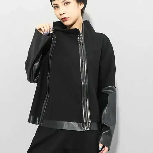 Load image into Gallery viewer, Loose Fit Black Pu Leather Zipper Casual Sweatshirt New Turtleneck Long Sleeve Women Big Size Fashion Autumn 2025 1DF4790
