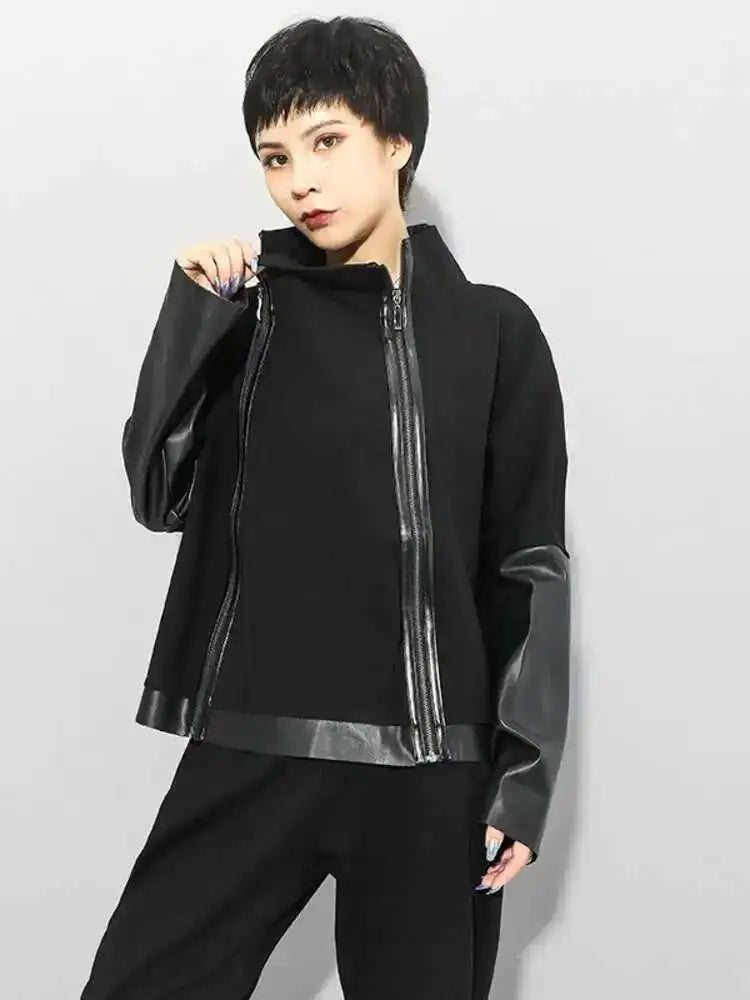 Loose Fit Black Pu Leather Zipper Casual Sweatshirt New Turtleneck Long Sleeve Women Big Size Fashion Autumn 2025 1DF4790