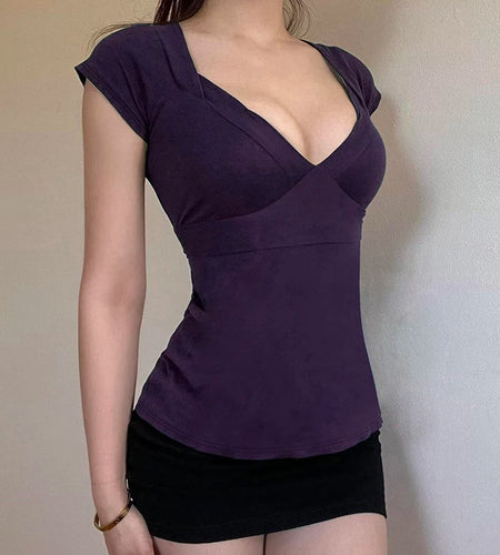 Casual Solid V-Neck Skinny Rear Strap T-shirts Women's Summer Short Sleevees All Match Basic Top Tees Fashion Clothes