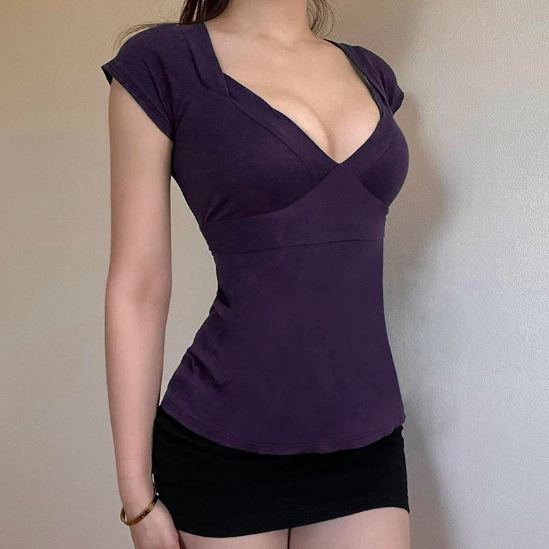 Casual Solid V-Neck Skinny Rear Strap T-shirts Women's Summer Short Sleevees All Match Basic Top Tees Fashion Clothes