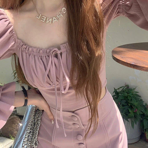 Load image into Gallery viewer, Pink Slim Two Piece Sweet Women&#39;s Blouse Autumn High Street Puff Sleeve Lace-up Pure Color Buttons Fashion Female Blouses
