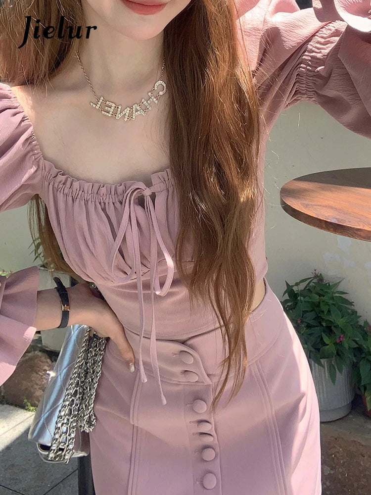 Pink Slim Two Piece Sweet Women's Blouse Autumn High Street Puff Sleeve Lace-up Pure Color Buttons Fashion Female Blouses