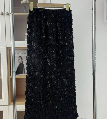 Women Beige Sequins Feather Tassels High Waist Sexy Skirt Fashion Vintage Luxury Black Straight Skirt Spring Autumn Clothing Y2k
