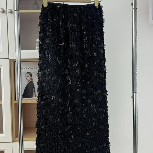 Load image into Gallery viewer, Women Beige Sequins Feather Tassels High Waist Sexy Skirt Fashion Vintage Luxury Black Straight Skirt Spring Autumn Clothing Y2k
