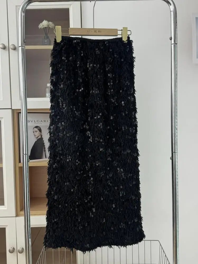 Women Beige Sequins Feather Tassels High Waist Sexy Skirt Fashion Vintage Luxury Black Straight Skirt Spring Autumn Clothing Y2k