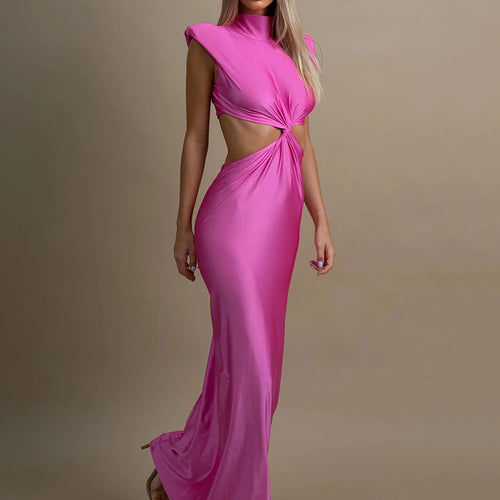 Load image into Gallery viewer, Hollow Out Turtleneck Sexy Maxi Dress For Women Fashion Solid Sleeveless Bodycon Tank Dresses Femme Club Party Dress
