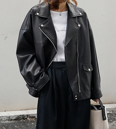 Black Belted Big Size Casual PU Leather Jacket New Lapel Long Sleeve Women Coat Fashion Tide Spring Autumn 2025 LA938