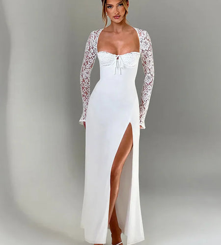 Lace Long Sleeve Sexy Maxi Dress Women Autumn New Square Collar Backless Lace-up High Split Sexy Club Party Long Dress