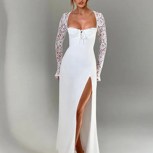 Load image into Gallery viewer, Lace Long Sleeve Sexy Maxi Dress Women Autumn New Square Collar Backless Lace-up High Split Sexy Club Party Long Dress
