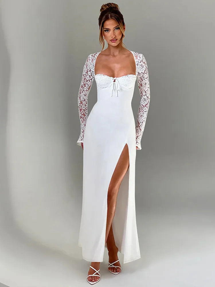 Lace Long Sleeve Sexy Maxi Dress Women Autumn New Square Collar Backless Lace-up High Split Sexy Club Party Long Dress