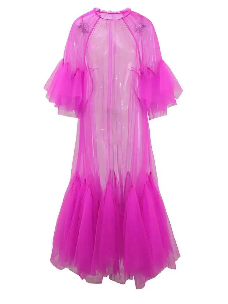 Women Purple Ruffles Mesh Perspective Big Size Long Dress New Round Neck Half Sleeve Fashion Spring Summer 2025 JR7711
