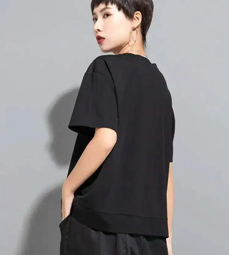 Women Black Irregular Zipper Big Size Casual T-shirt New Round Neck Short Sleeve Fashion Tide Spring Summer 2025 1DF6526