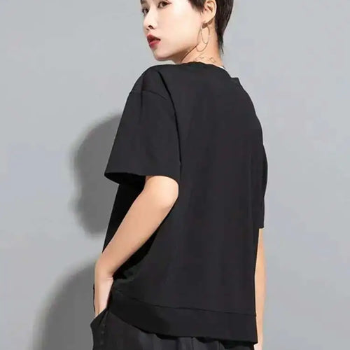 Load image into Gallery viewer, Women Black Irregular Zipper Big Size Casual T-shirt New Round Neck Short Sleeve Fashion Tide Spring Summer 2025 1DF6526
