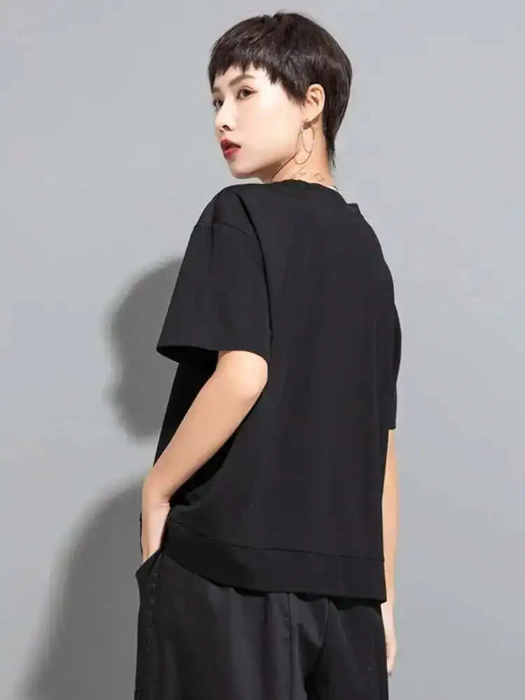 Women Black Irregular Zipper Big Size Casual T-shirt New Round Neck Short Sleeve Fashion Tide Spring Summer 2025 1DF6526